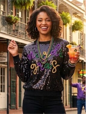 QUEEN OF SPARKLES Mardi Gras Sequin Sweater - Black, Purple, Green, Gold